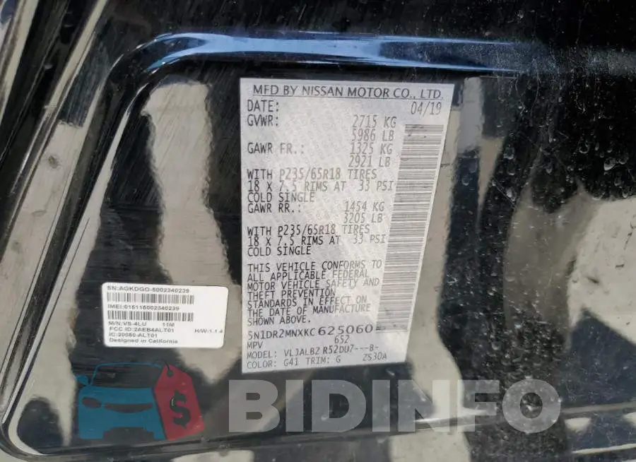 5N1DR2MNXKC625060 Photo# 12