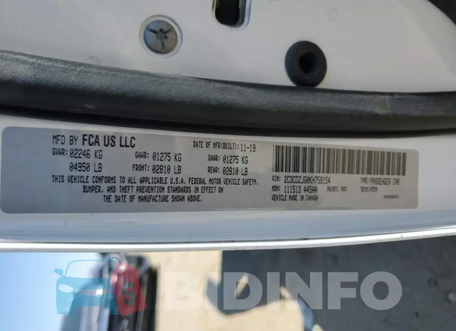 2C3CDZJG0KH759154 Photo# 12