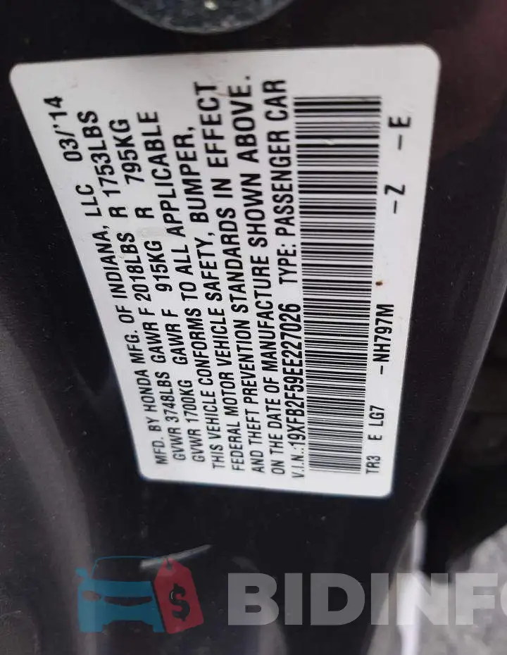 19XFB2F59EE227026 Photo# 12