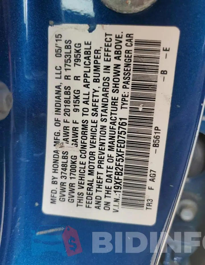 19XFB2F5XFE075761 Photo# 13