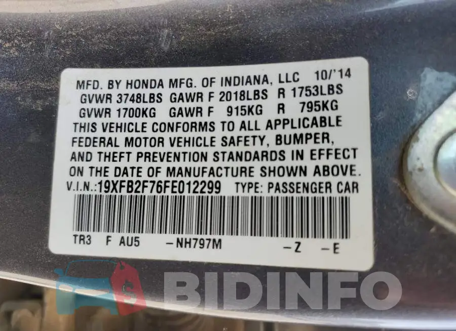 19XFB2F76FE012299 Photo# 12