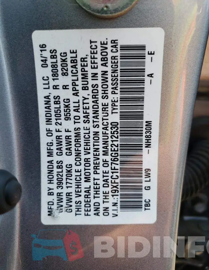 19XFC1F76GE212530 Photo# 13