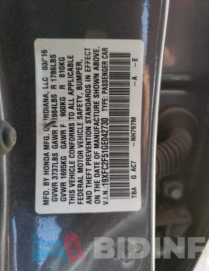 19XFC2F51GE042730 Photo# 12