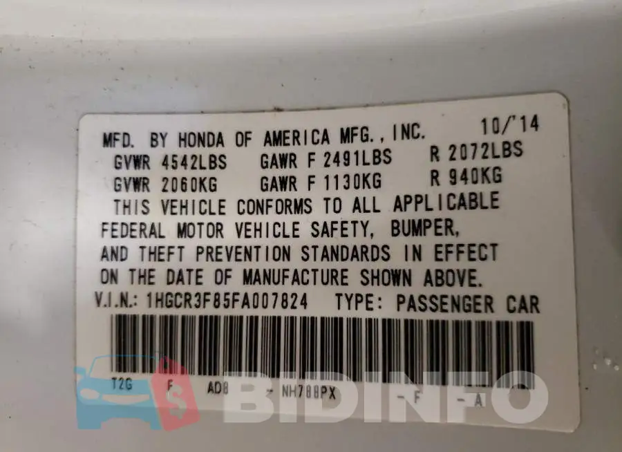 1HGCR3F85FA007824 Photo# 12