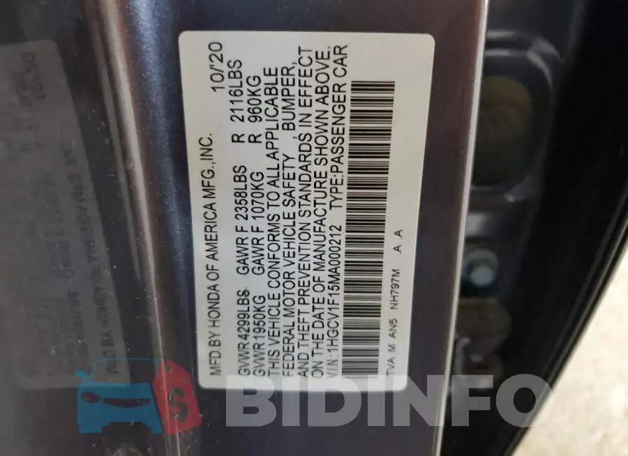 1HGCV1F15MA000212 Photo# 13