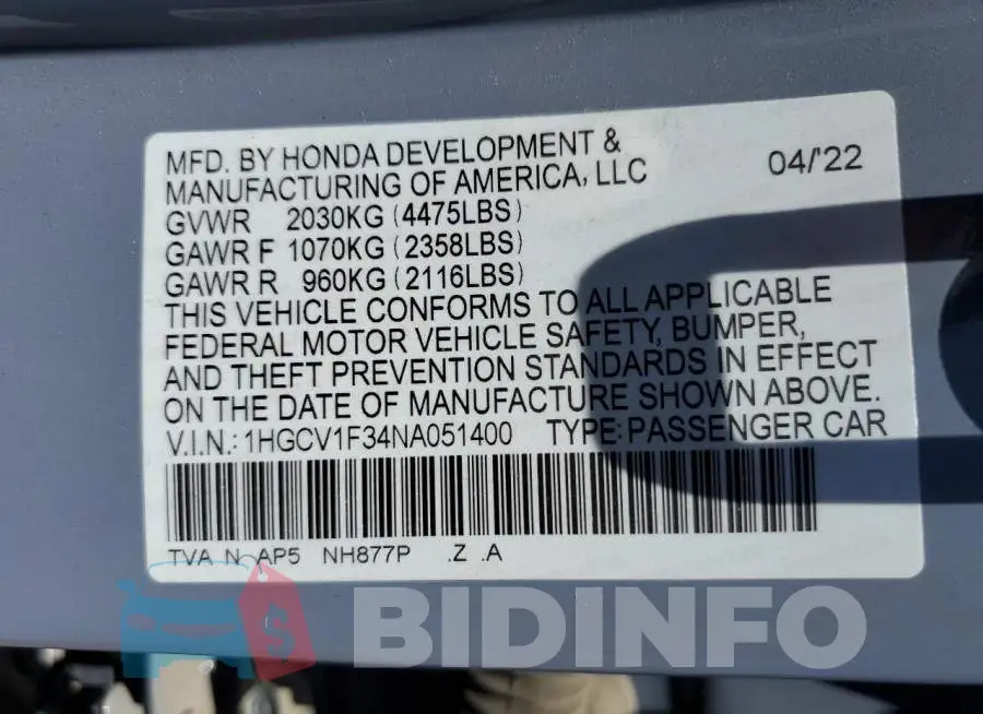 1HGCV1F34NA051400 Photo# 12