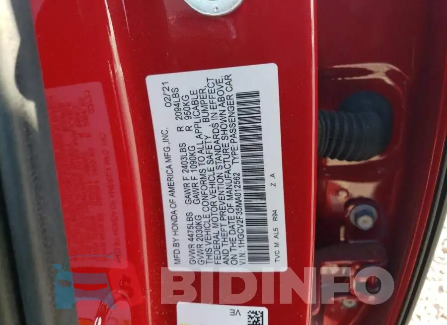 1HGCV2F35MA012562 Photo# 12