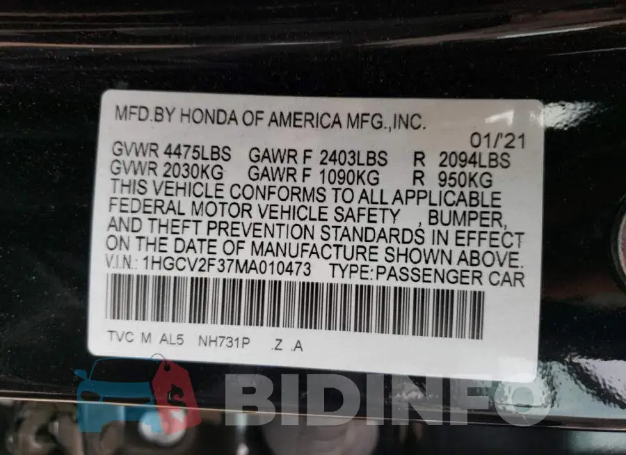 1HGCV2F37MA010473 Photo# 12