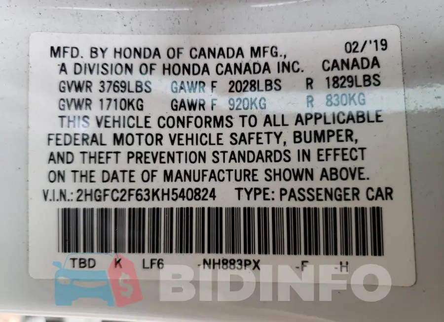 2HGFC2F63KH540824 Photo# 12