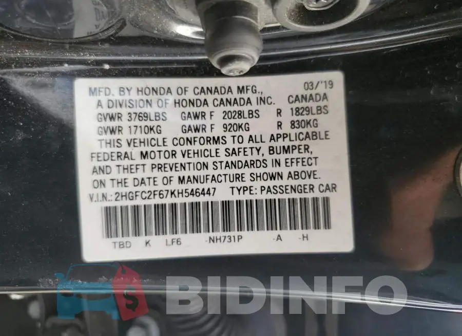 2HGFC2F67KH546447 Photo# 12