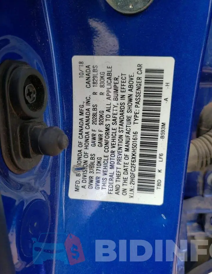2HGFC2F6XKH501616 Photo# 12