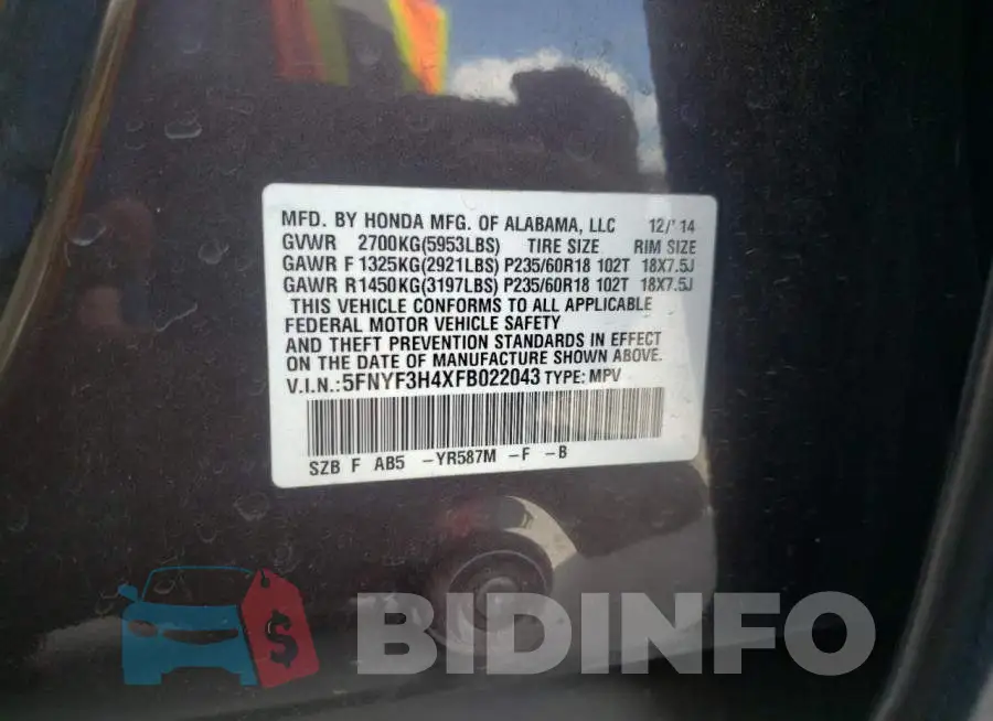 5FNYF3H4XFB022043 Photo# 13