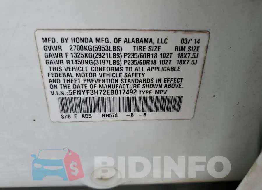 5FNYF3H72EB017492 Photo# 14