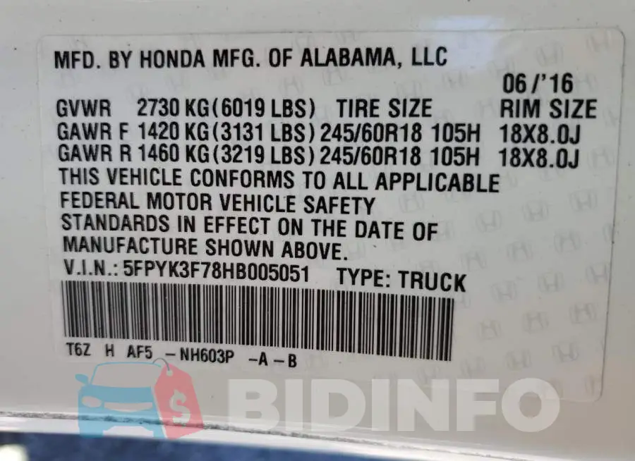 5FPYK3F78HB005051 Photo# 13