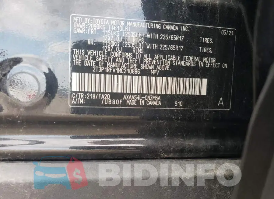 2T3P1RFV1MC210886 Photo# 14