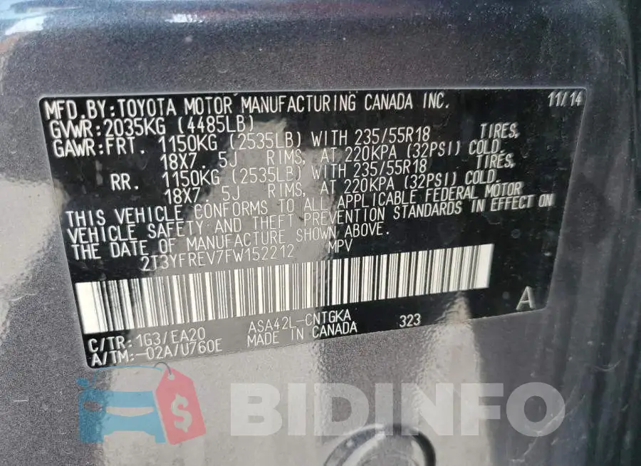 2T3YFREV7FW152212 Photo# 13