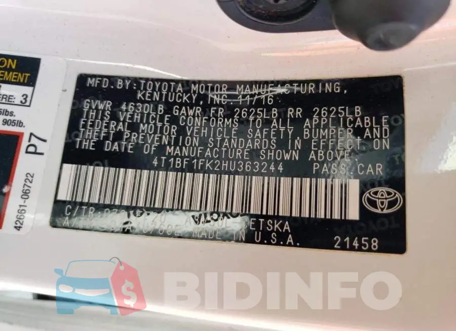 4T1BF1FK2HU363244 Photo# 12