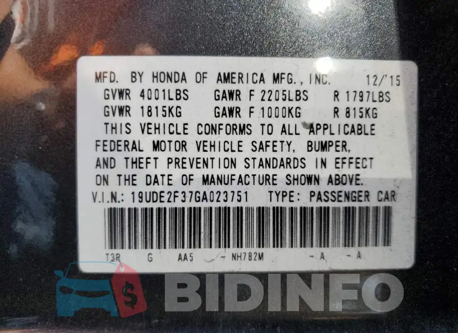 19UDE2F37GA023751 Photo# 12