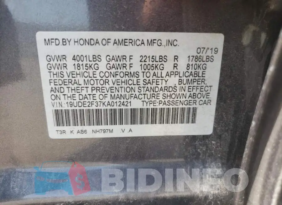 19UDE2F37KA012421 Photo# 12