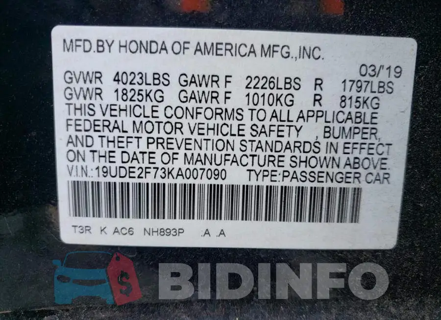 19UDE2F73KA007090 Photo# 12