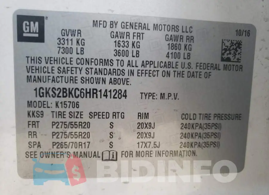1GKS2BKC6HR141284 Photo# 13