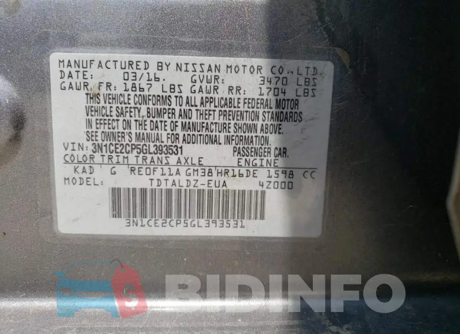 3N1CE2CP5GL393531 Photo# 12