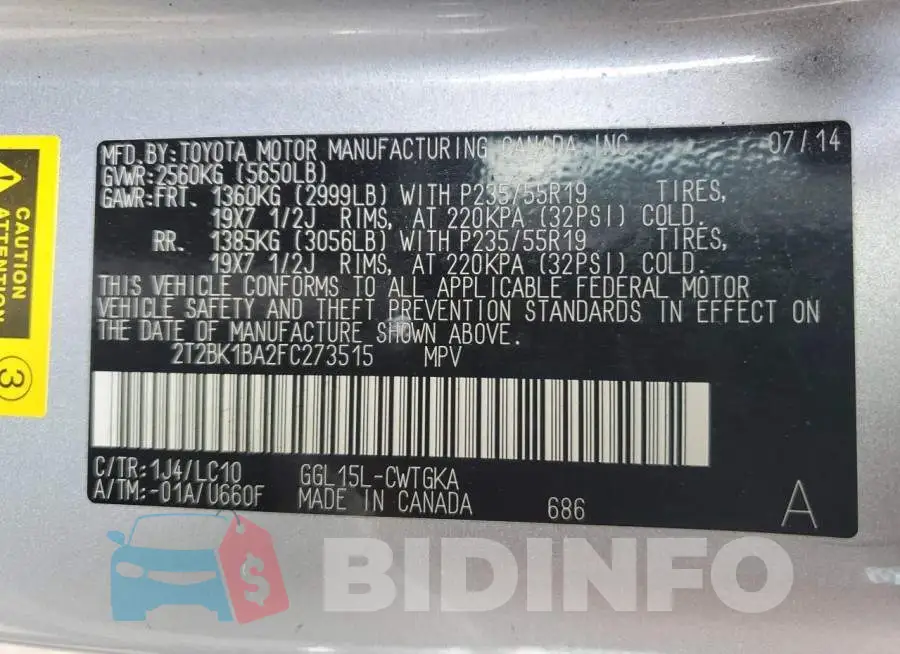 2T2BK1BA2FC273515 Photo# 14