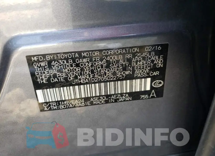 JTHBA1D27G5022757 Photo# 12