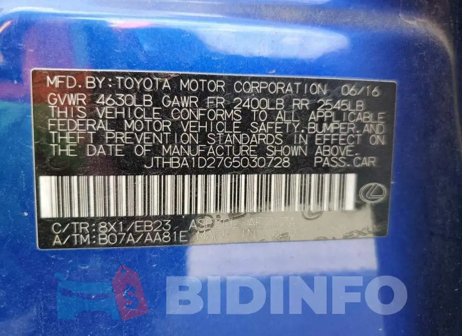 JTHBA1D27G5030728 Photo# 12
