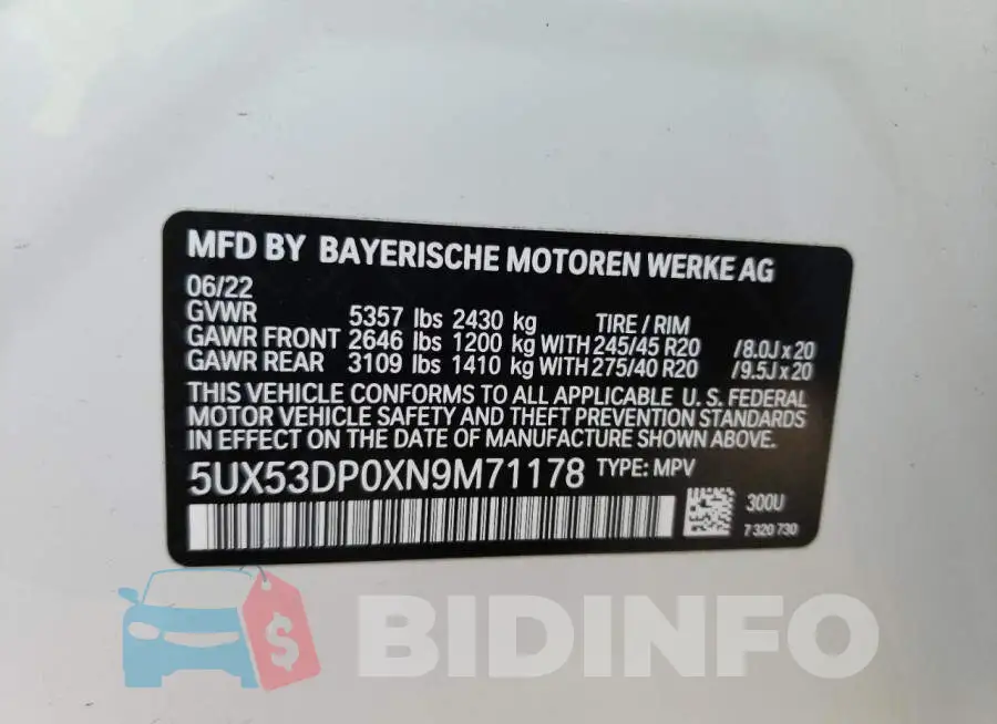 5UX53DP0XN9M71178 Photo# 13