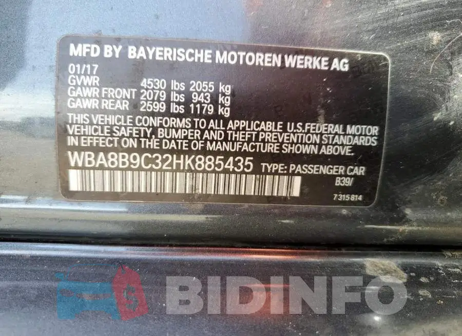 WBA8B9C32HK885435 Photo# 12