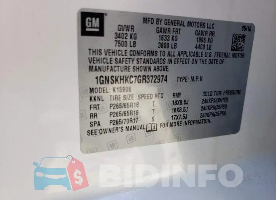 1GNSKHKC7GR372974 Photo# 13