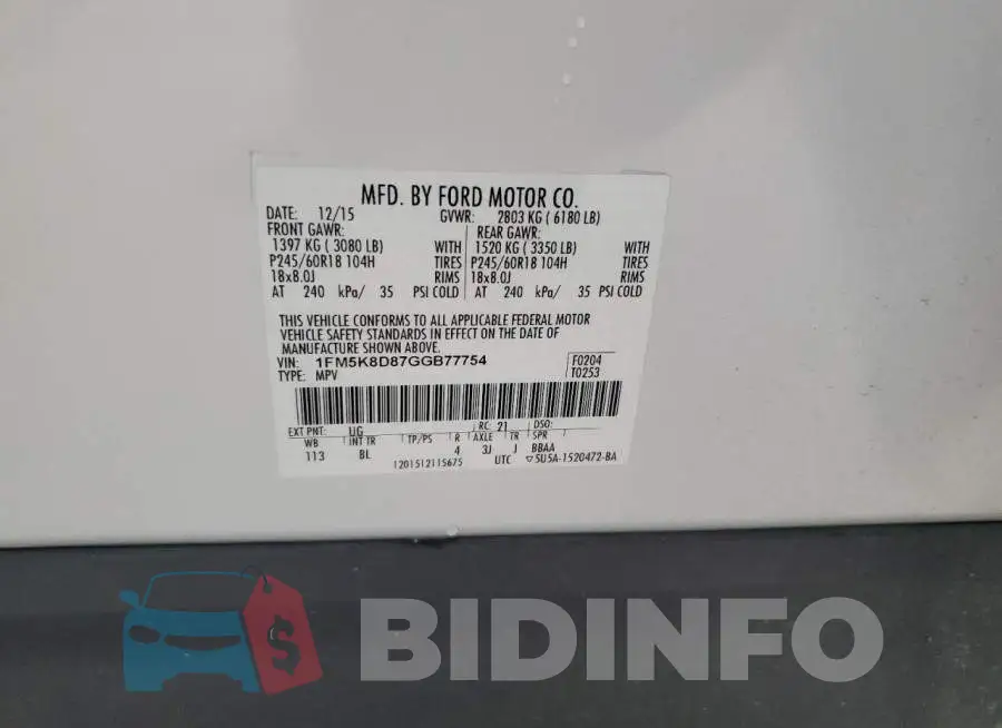 1FM5K8D87GGB77754 Photo# 13