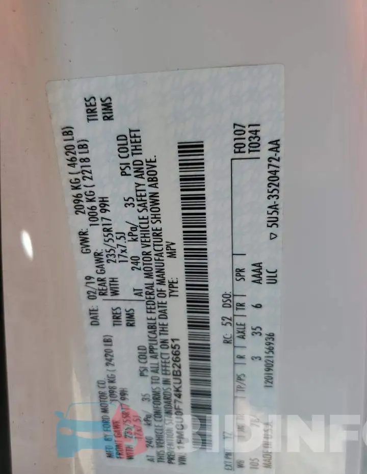 1FMCU0F74KUB26651 Photo# 12