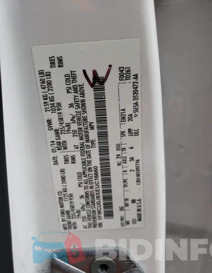 1FMCU0J9XEUC16660 Photo# 13