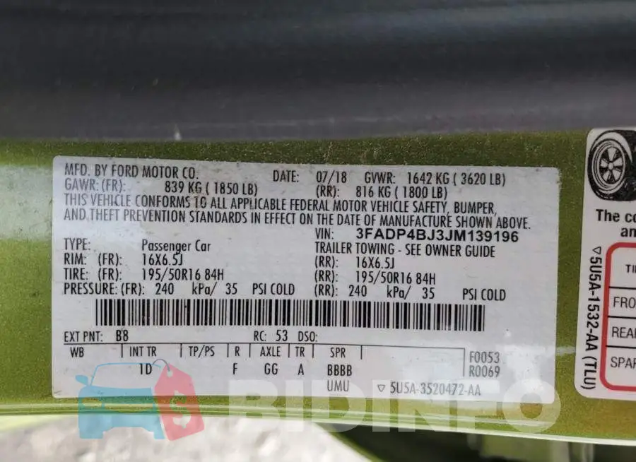 3FADP4BJ3JM139196 Photo# 13