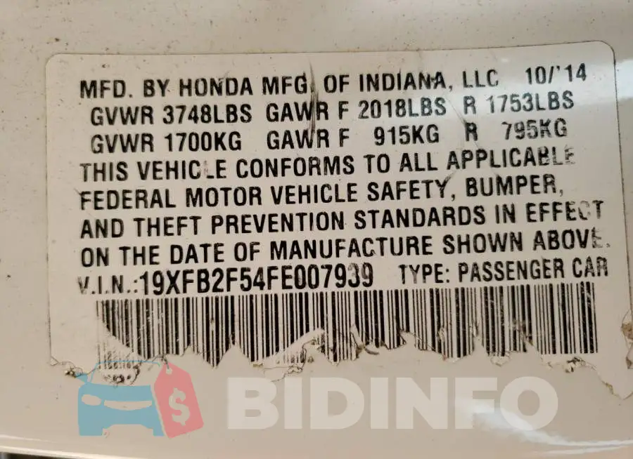 19XFB2F54FE007939 Photo# 12