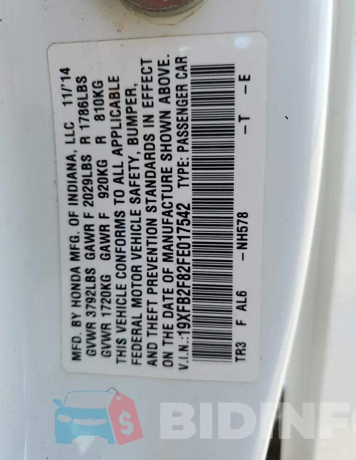 19XFB2F82FE017542 Photo# 13