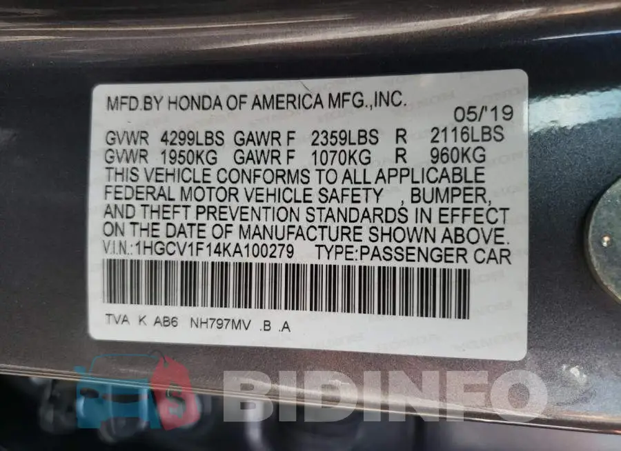 1HGCV1F14KA100279 Photo# 13
