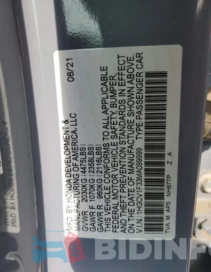 1HGCV1F33MA099999 Photo# 12