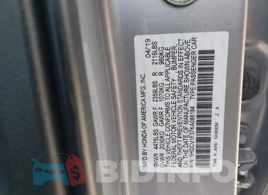 1HGCV1F37KA086184 Photo# 12