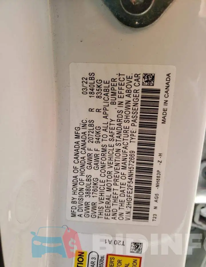 2HGFE2F54NH572669 Photo# 13