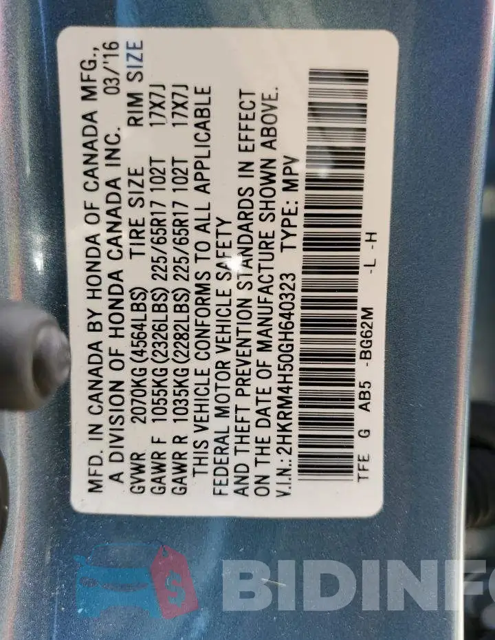 2HKRM4H50GH640323 Photo# 13