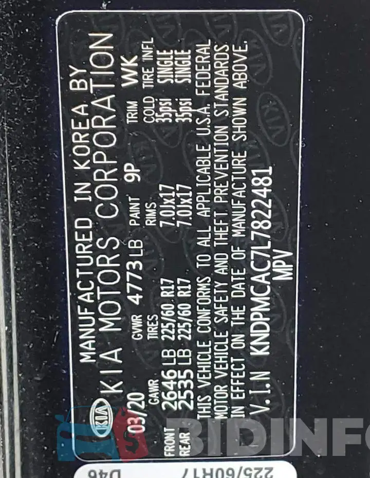 KNDPMCAC7L7822481 Photo# 13