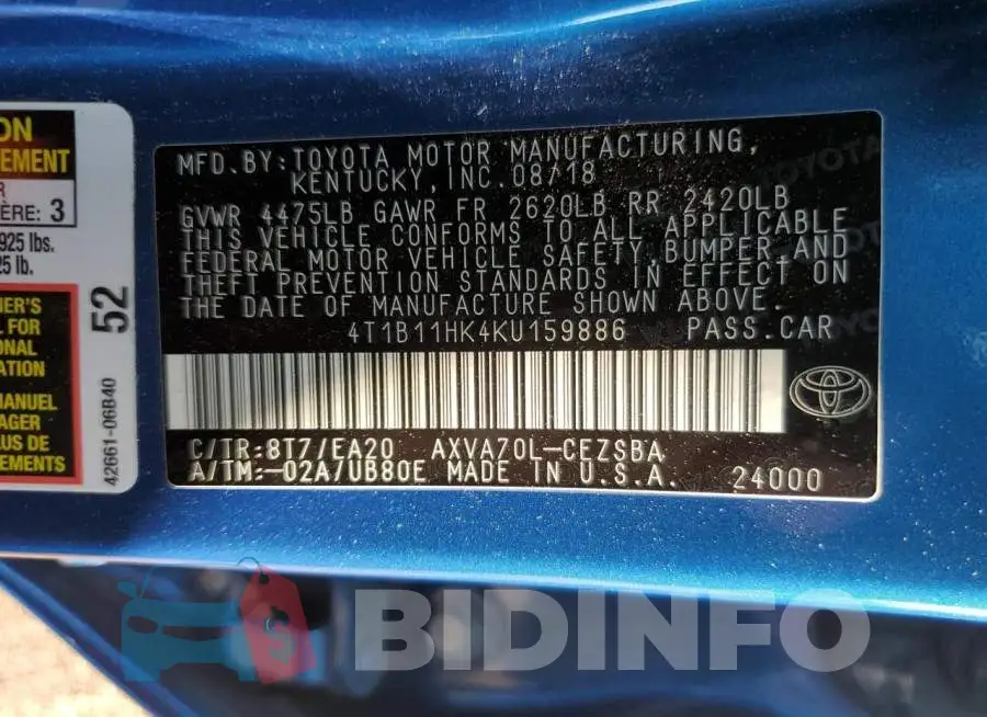 4T1B11HK4KU159886 Photo# 12