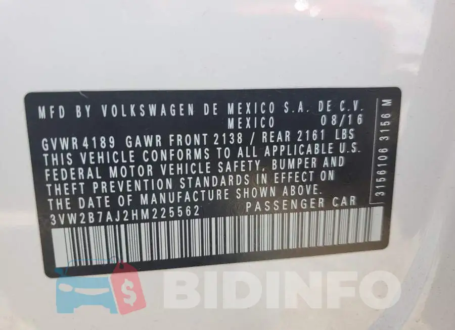 3VW2B7AJ2HM225562 Photo# 12