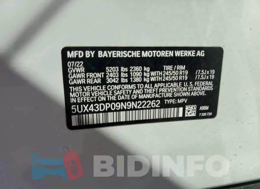 5UX43DP09N9N22262 Photo# 12