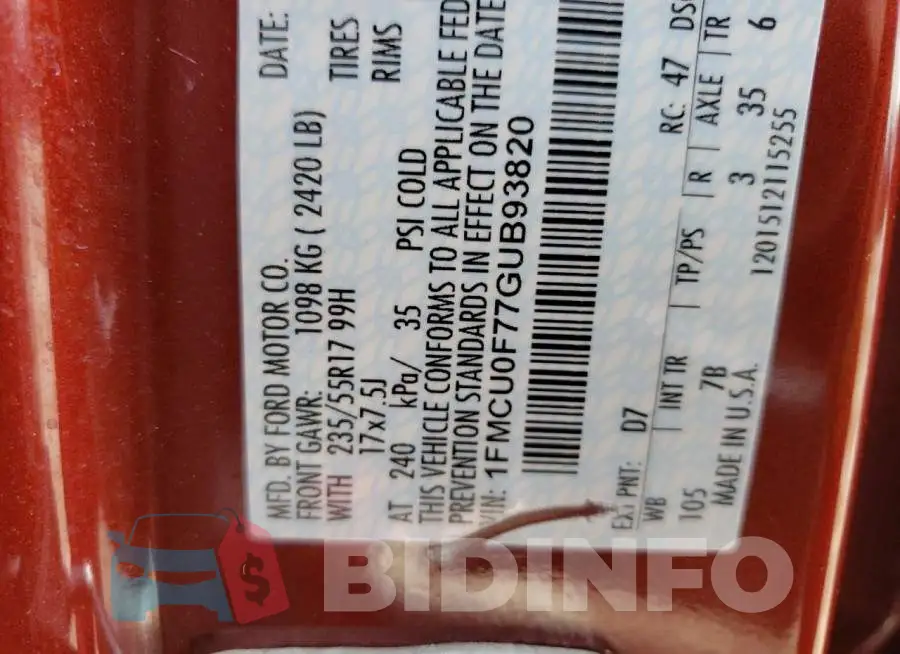 1FMCU0F77GUB93820 Photo# 12