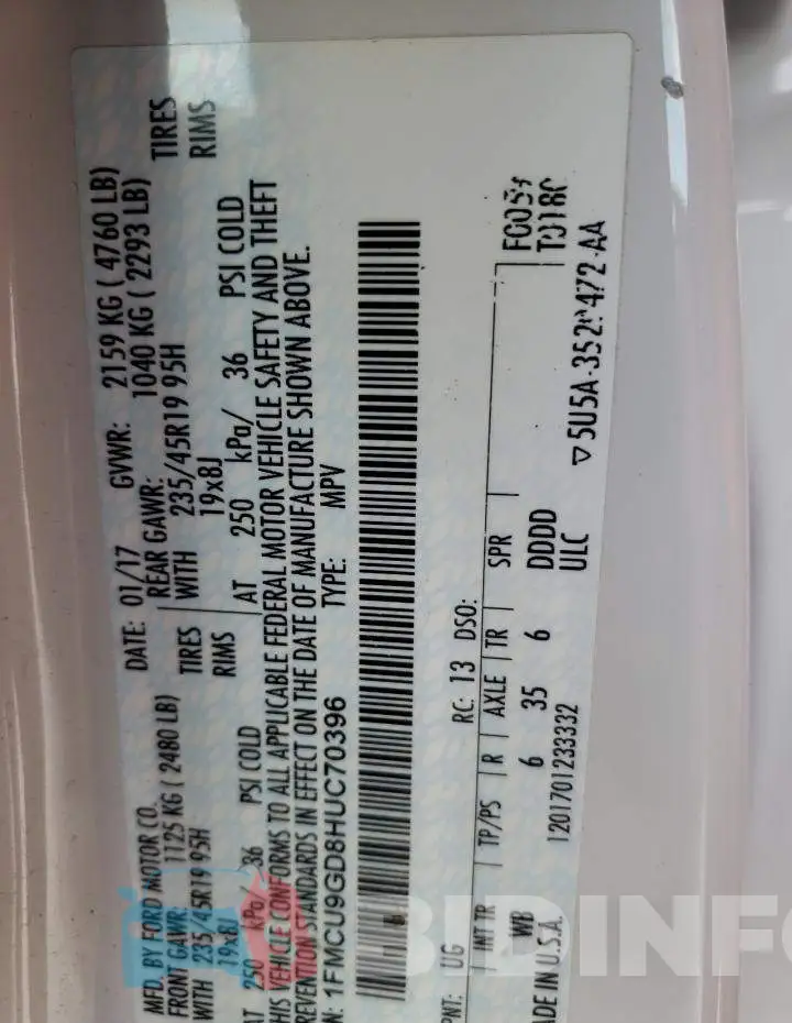 1FMCU9GD8HUC70396 Photo# 12