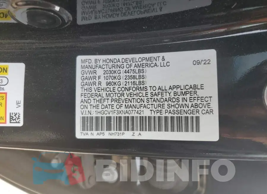 1HGCV1F3XNA077421 Photo# 12